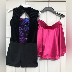 Dance costume velvet one piece with shorts & pink fuschia skirt tap jazz size XL